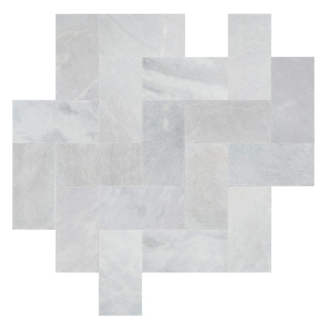 A geometric pattern composed of interlocking rectangular tiles in varying shades of light gray.