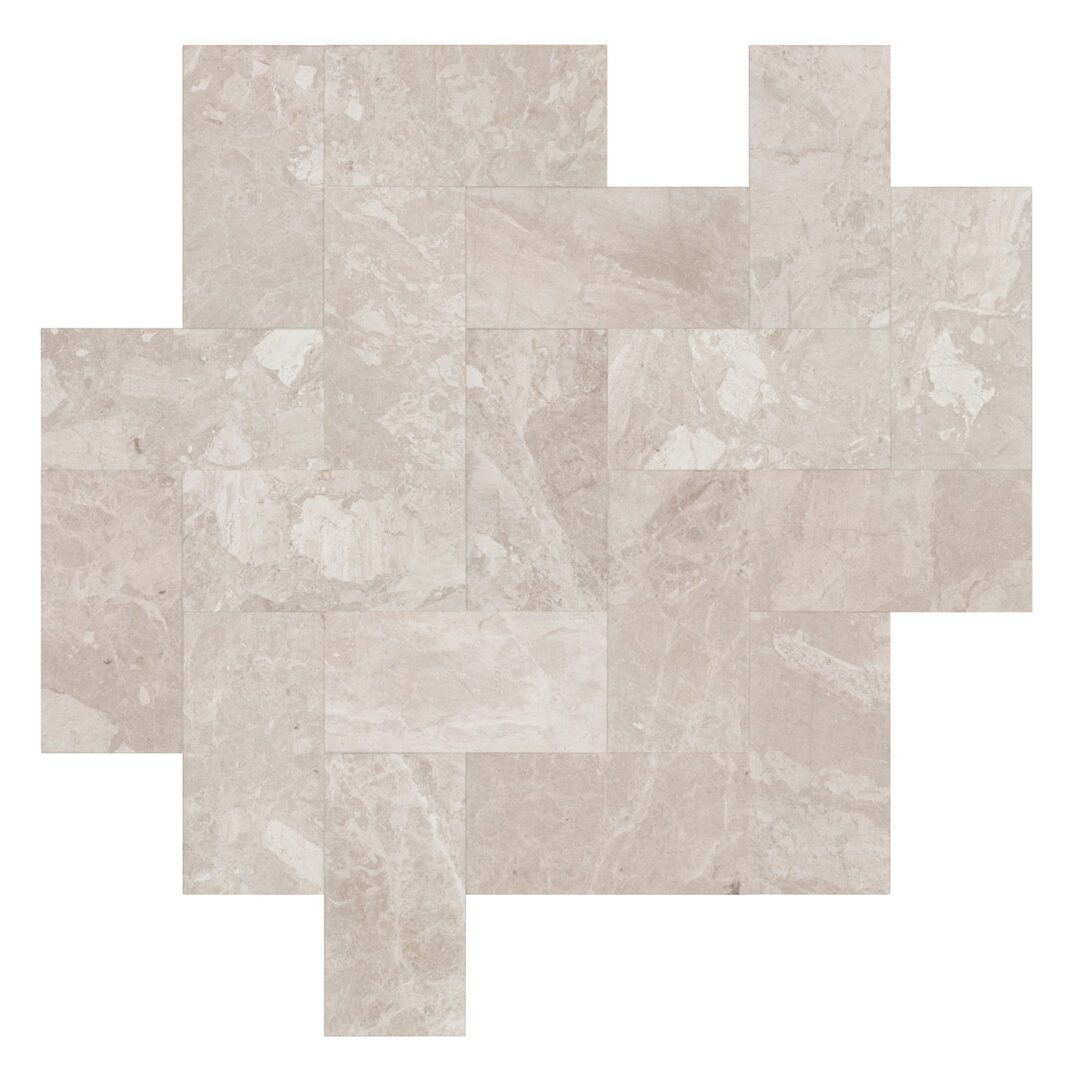 A pattern of beige marble tiles arranged in an interlocking layout, creating a textured and uneven surface.