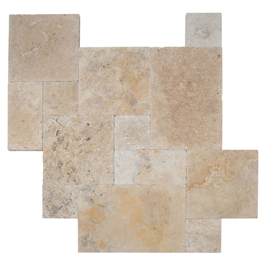 A beige stone tile arrangement displaying a mix of rectangular and square pieces with varied textures.