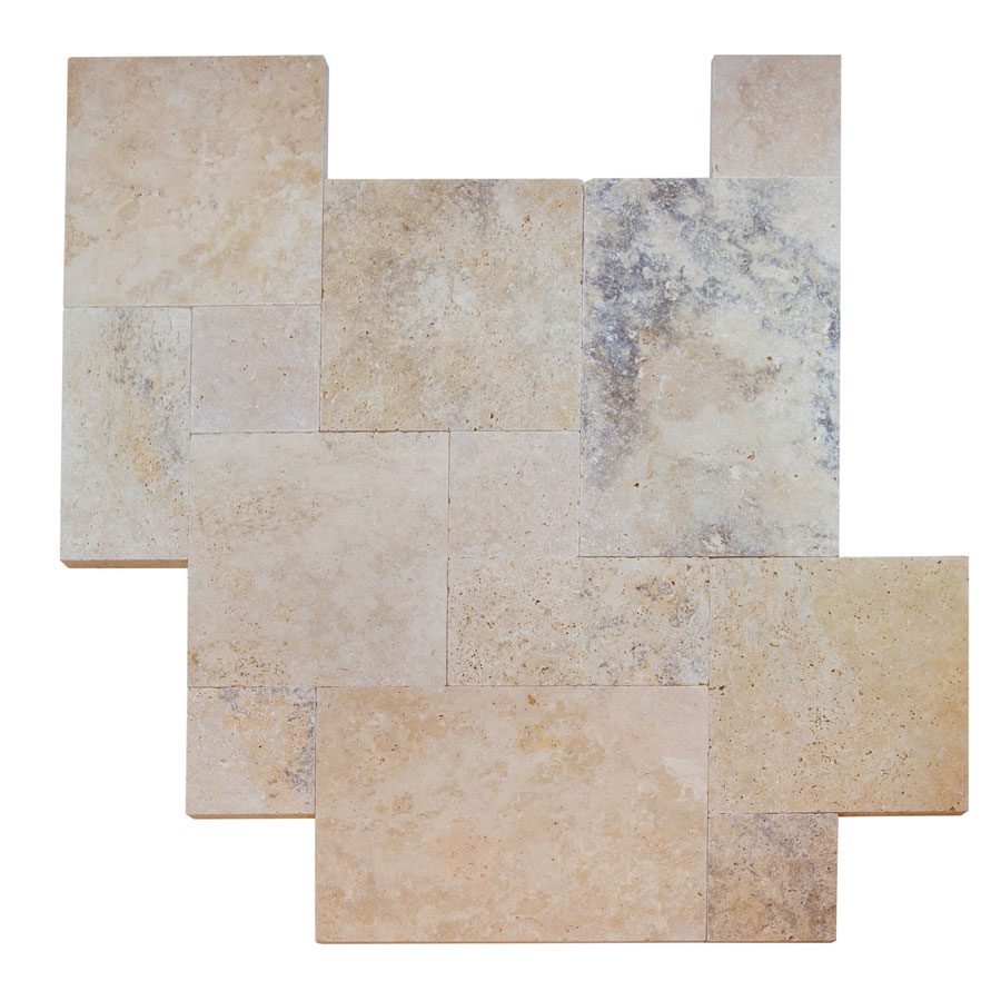 A variety of rectangular and square beige tiles with different textures arranged in an irregular pattern.