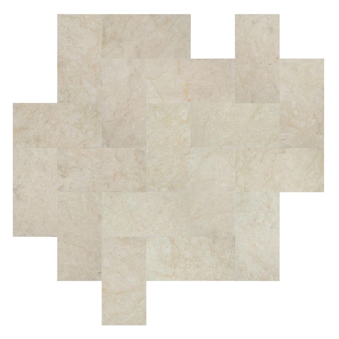 A square pattern of beige marble tiles arranged in a herringbone design.