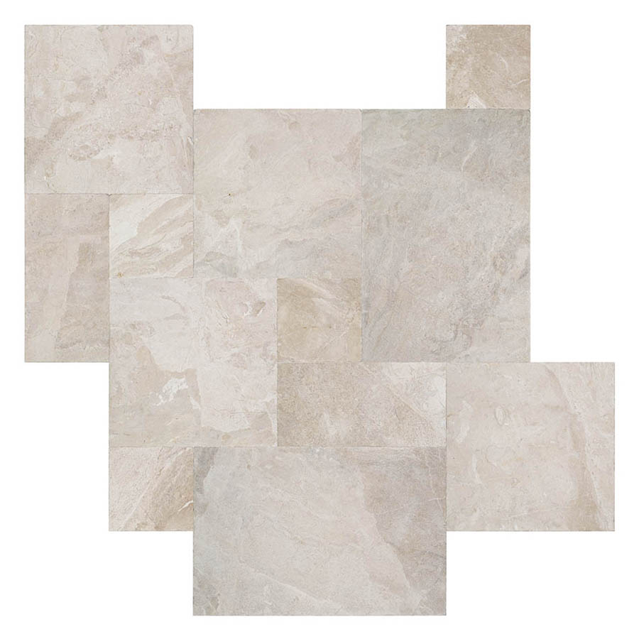 A layout of beige and light gray rectangular stone tiles arranged in a geometric pattern.