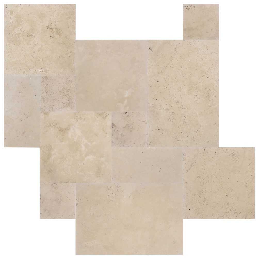 A random pattern of beige and light tan rectangular and square tiles with a stone-like texture.