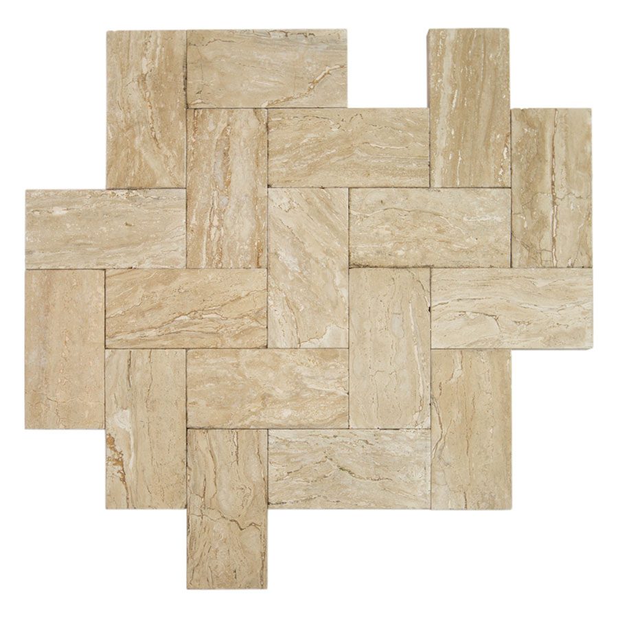 A pattern of beige rectangular tiles arranged in a diagonal herringbone design.