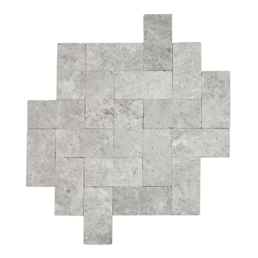 A square arrangement of gray stone tiles with a textured, natural finish, patterned in a woven design.