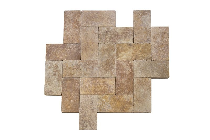 A pattern of interlocking rectangular beige and brown tiles.