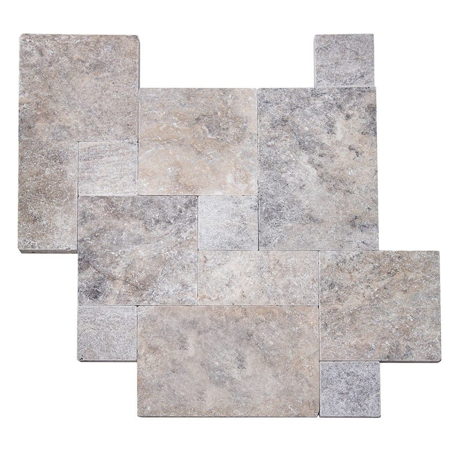 A layout of interlocking grey and beige rectangular stone tiles arranged in a geometric pattern.