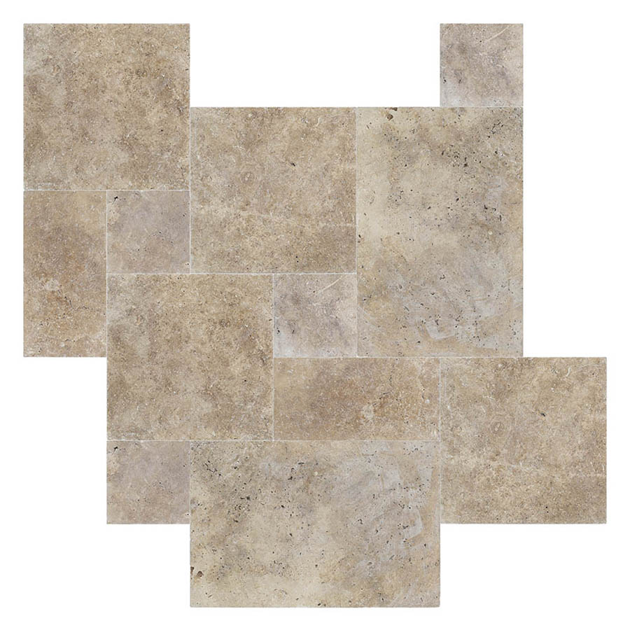 Square and rectangular tiles in various sizes and shades of beige and gray arranged in a complex interlocking pattern.
