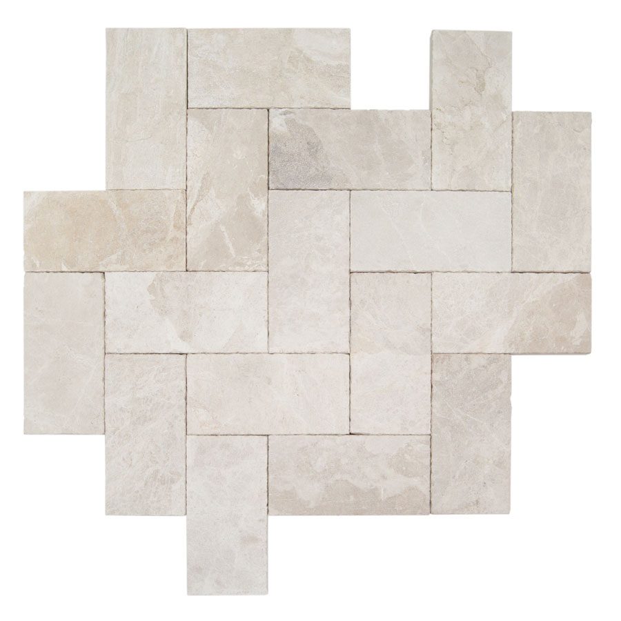 A geometric tile pattern with beige and light gray rectangular tiles arranged in an interlocking layout.