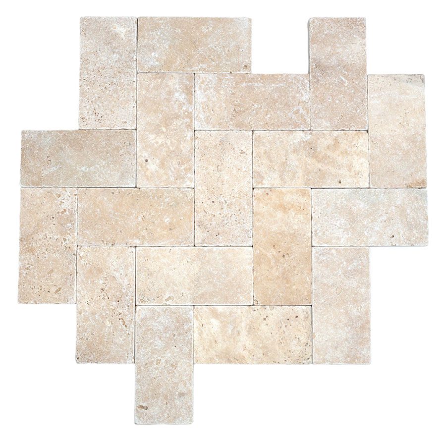 A sample of interlocking beige and tan rectangular tiles arranged in a herringbone pattern.