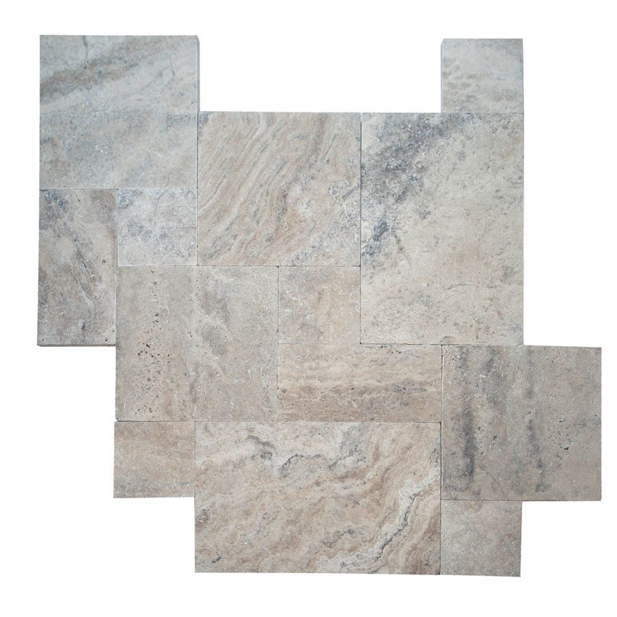 Stone tiles of varying sizes arranged in a puzzle-like pattern with a mix of beige and gray tones.